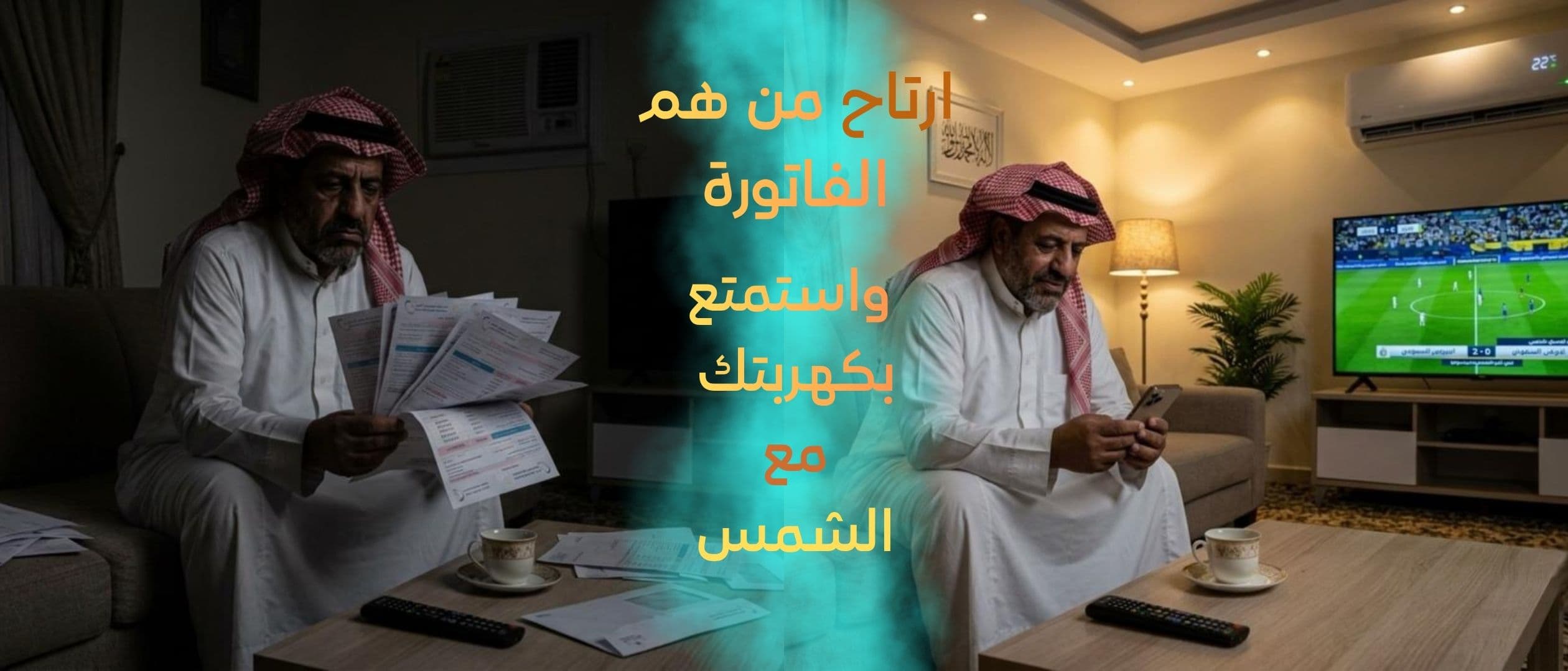 فنّي يركّب ألواحًا شمسية على سطح فيلا سكنية بإطلالة على الرياض، مع عبارة: بيتك يستقبل الشمس كل يوم، حان الوقت لتستفيد منها