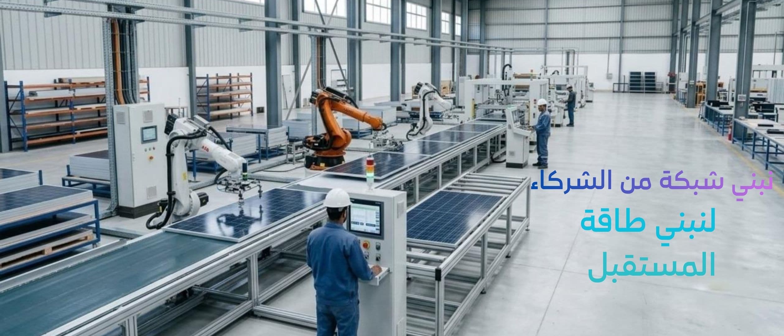 محطة طاقة شمسية واسعة في صحراء المملكة بجوار الجبال وشعار رؤية 2030، مع عبارة: من شمس المملكة، طاقة تدوم